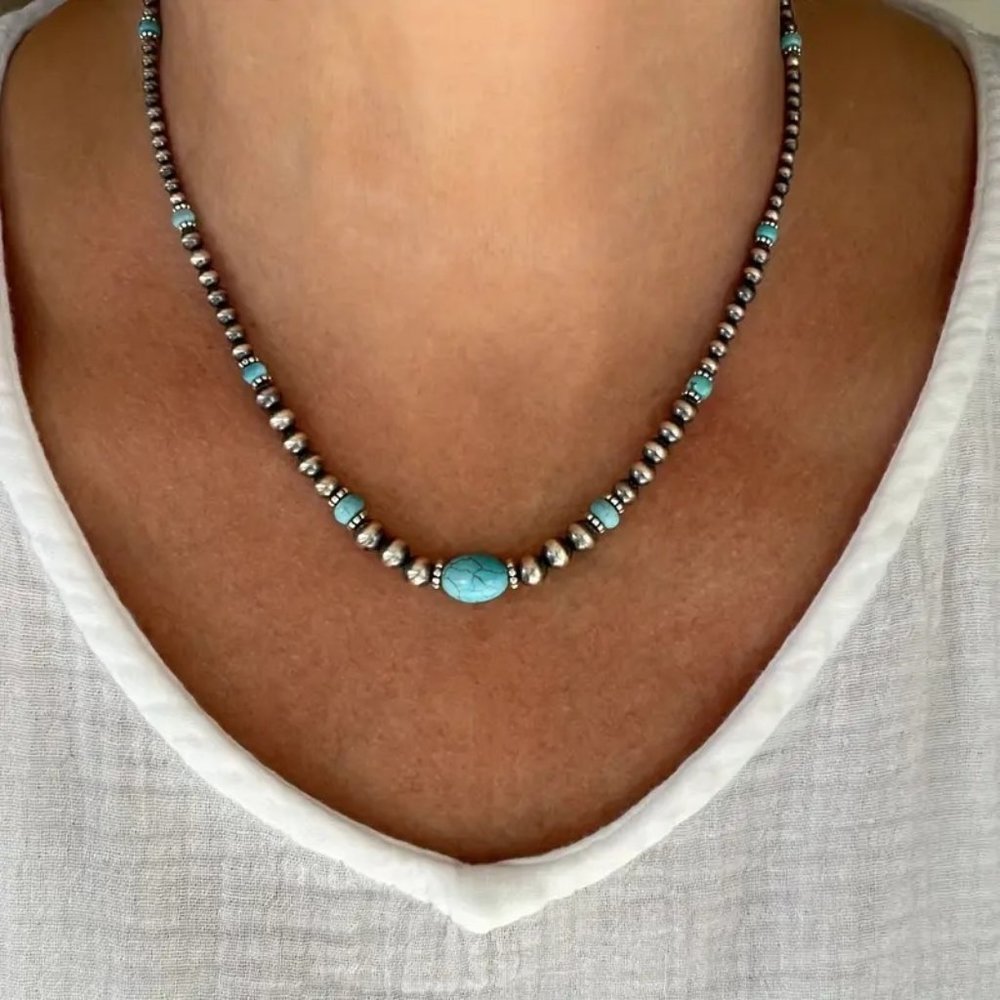 NEW Southwestern Faux Turquoise and Navajo Bead Necklace and Earring Set - Picture 3 of 4